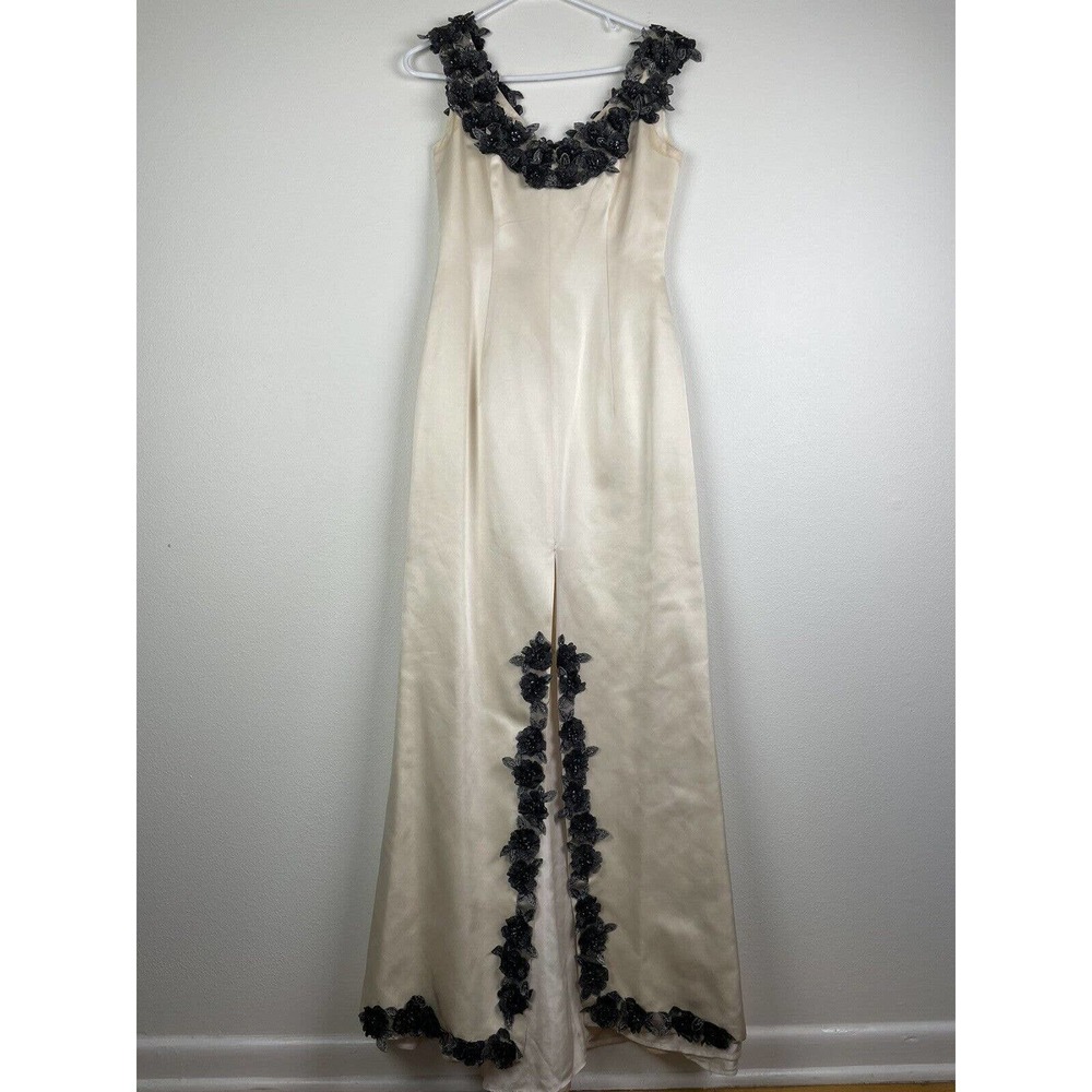 Vintage Fiandaca Dress Evening Gown Cocktail Silk Ivory Flowers Sequins Size S/M